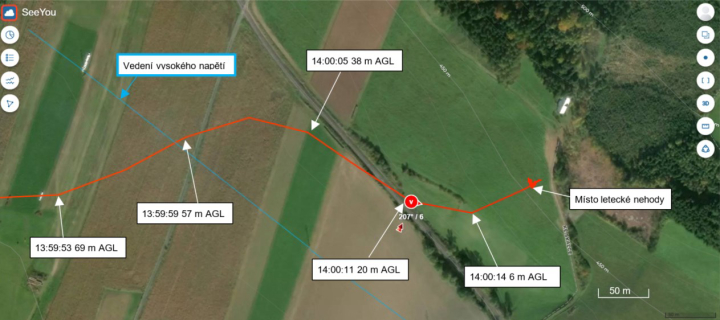 Ilustrace 2 z 3 ze zprávy ÚZPLN CZ-21-0529: Událost letadla VT 116 0rlík II na RTYN (1 km NE od ě v Podkrkonoší)